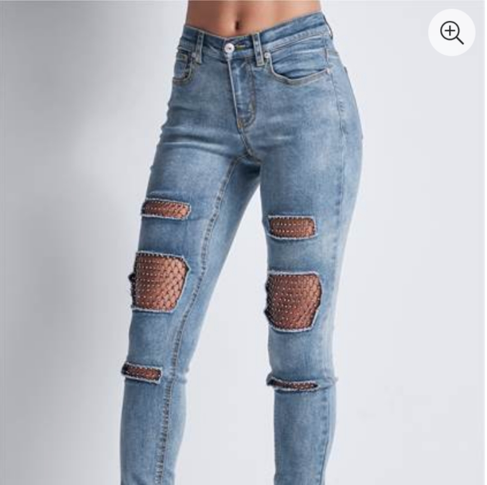 NWOT Rhinestone Fishnet Jeans